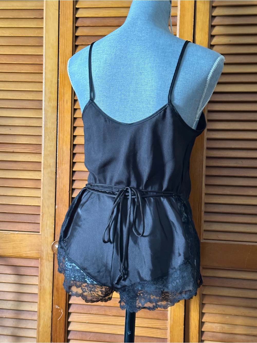 Vintage 80s Black Lace-Trim Satin Teddy Romper - Picture 3 of 11